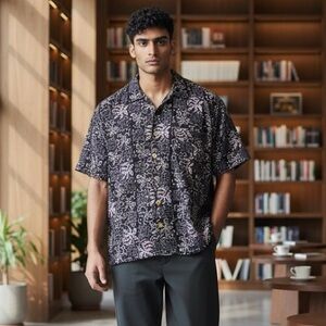 Kennington LTD. Men's Black and White/ grey Floral Button Down Shirt